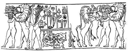 Motif laissé par l’empreinte du sceau cylindre mésopotamien qui a servi de modèle pour notre collier