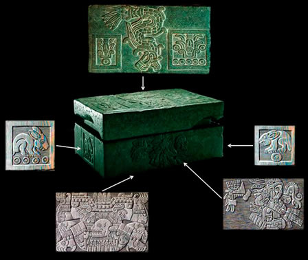 Coffré aztèque gravé du serpent a plumes, Quetzalcoatl