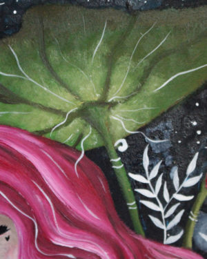 Sous les feuilles du nénuphar, peinture sur bois recyclé, technique mixte.