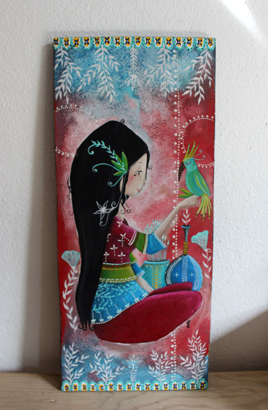 peinture femme oiseau, style indien, peinture colorée, oiseau multicolore, peinture femme chrétienne, voyage spirituel
