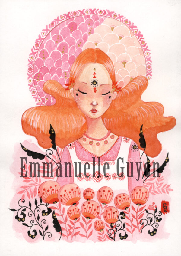 peinture femme fleurs écailles roses cheveux roux tribal jardin nature plantes