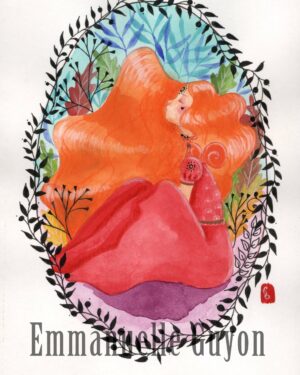peinture fille écureuil nature plantes cheveux roux qui volent au vent