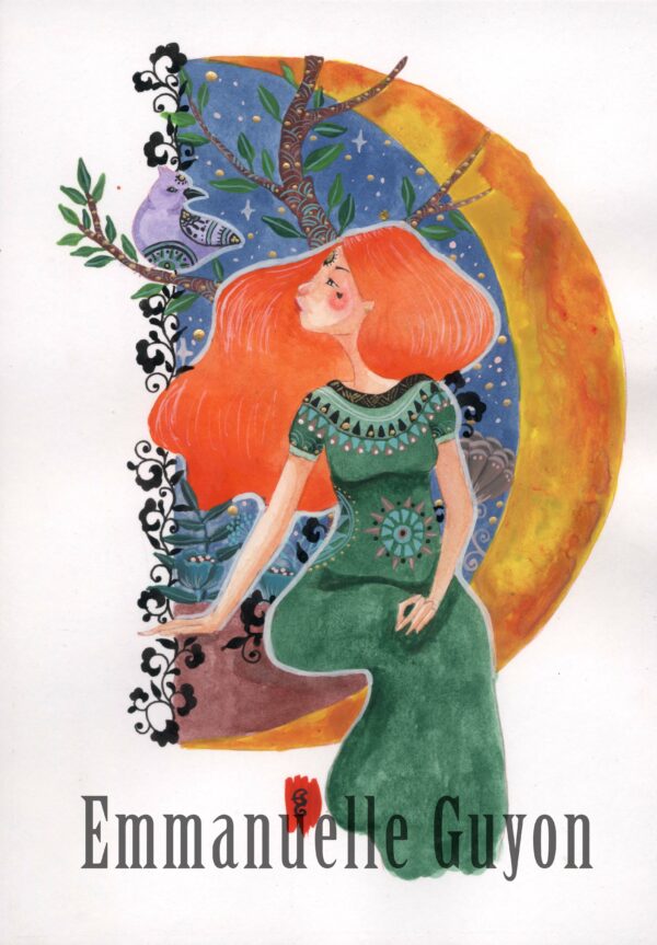 femme robe vert cheveux roux, croissant de lune, oiseau violet, jardin imaginaire