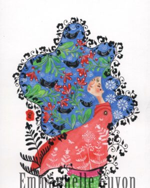 femme cheveux qui volent au vent, oiseau, baies rouges, corbeaux, oiseaux noirs, merles, jardin, fleurs plantes
