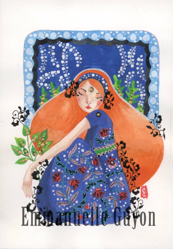 peinture femme fleurs folklorique ethnique bohemien, cheveux roux, jardin fleurs plantes romantique mystique
