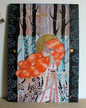 peinture femme cheveux roux cheveux dans le vent, forêt mystérieuse arbres noirs détails fins fleurs plantes