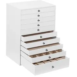 Boîte à bijoux à 10 niveaux, grande avec tiroirs et coussin blanc