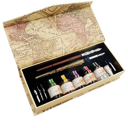 Lot de 2 stylos de calligraphie en bois et en verre avec 5 plumes supplémentaires et encre dans un coffret cadeau